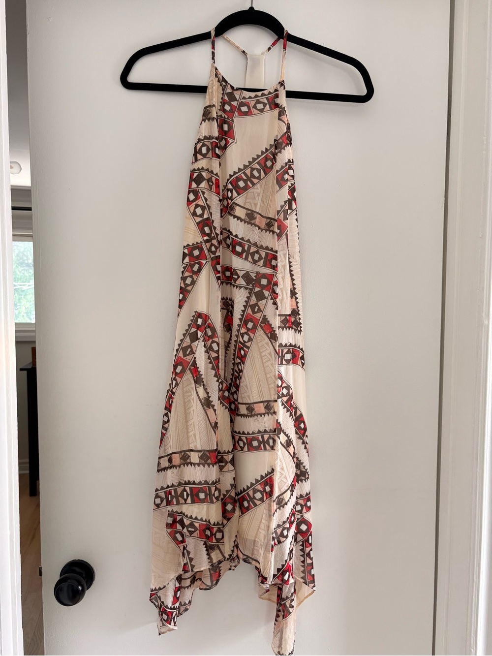 Club Monaco Cream Halter Dress with Red & Brown Geometric Print